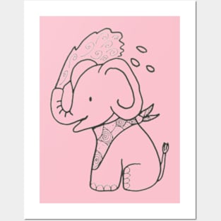 Baby elephant playing with water cartoon style Posters and Art